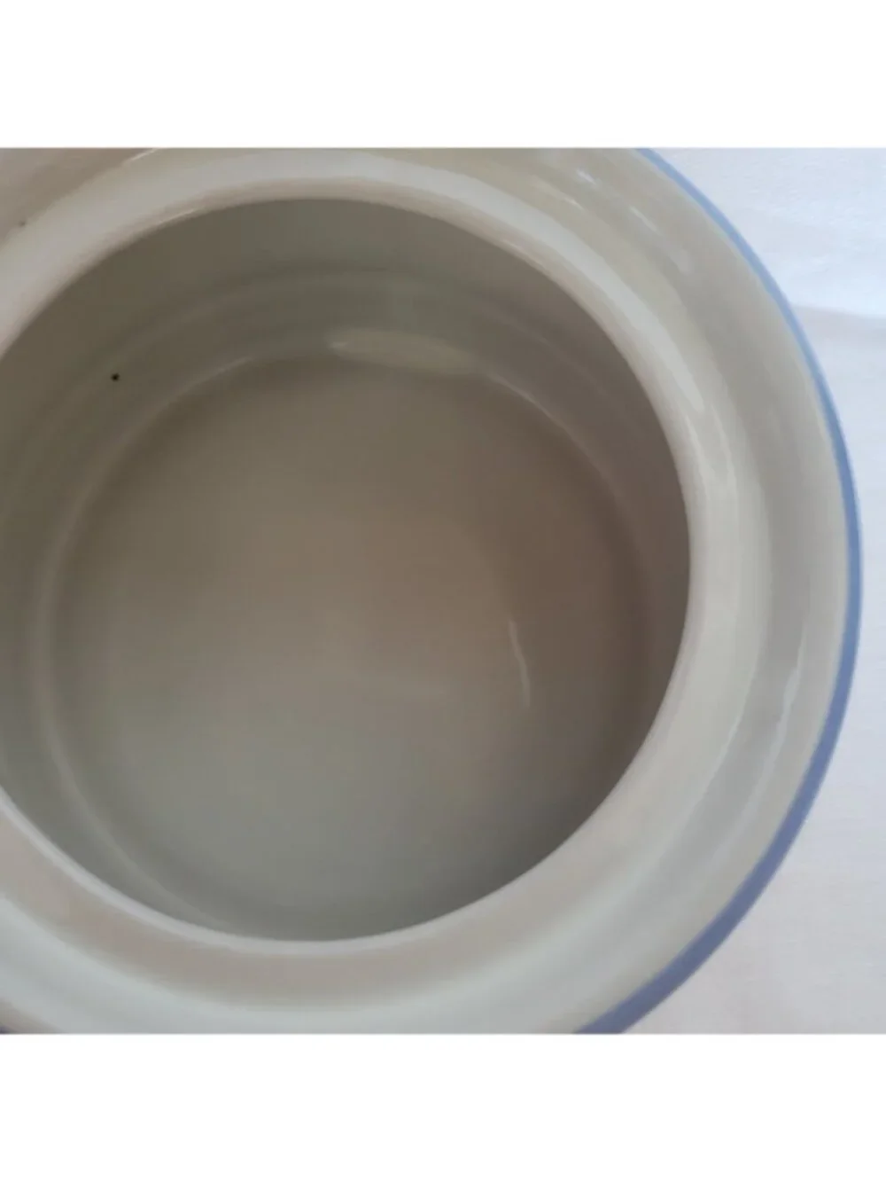 Stoneware Japan Sugar Bowl Vtg Cream w/blue stripe w/lid functional Country EUC